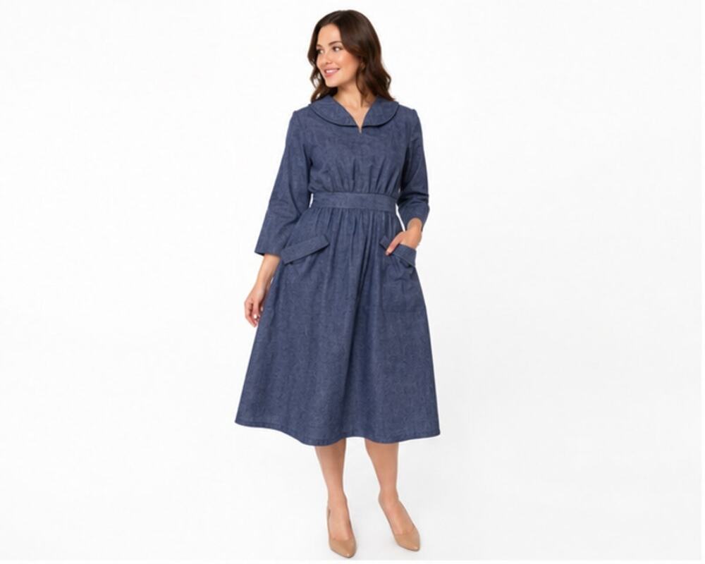 Vintage Handmade Blue Chambray Prairie Dress Peter Pan Collar SIZE M